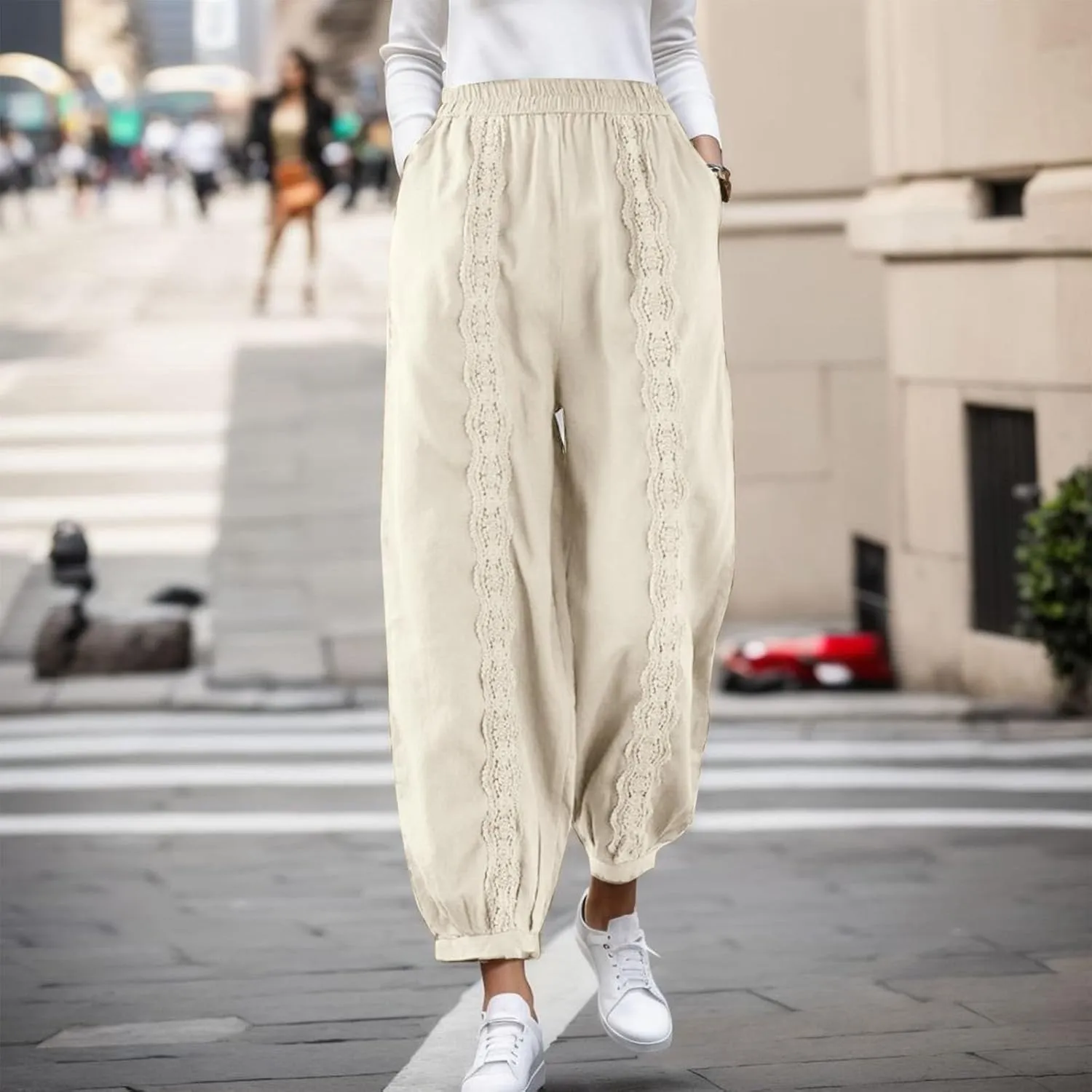2023 Womens Lace Trim Pants Wide Straight Leg Casual Loose Pants Yoga Sweatpants Comfy High Waisted Lounge Pajama Trousers