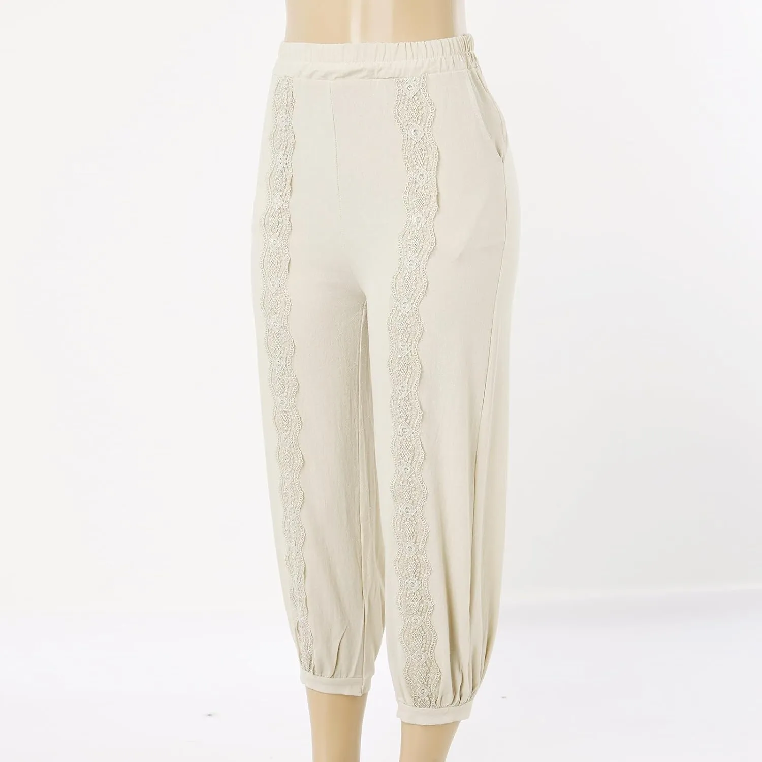2023 Womens Lace Trim Pants Wide Straight Leg Casual Loose Pants Yoga Sweatpants Comfy High Waisted Lounge Pajama Trousers