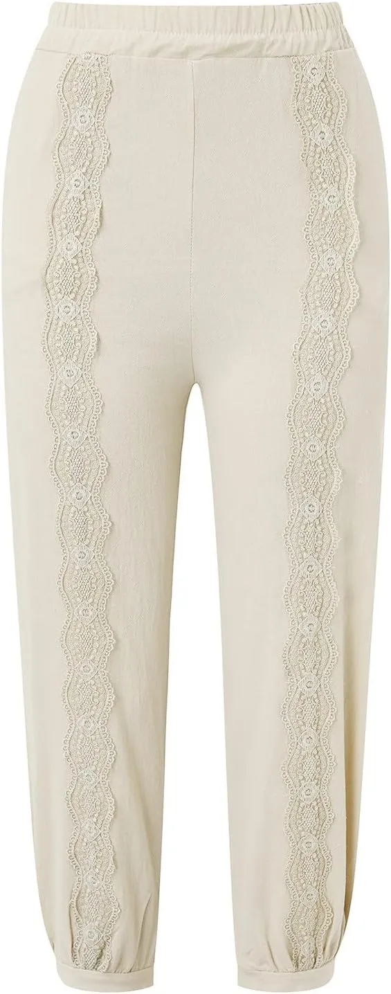 2023 Womens Lace Trim Pants Wide Straight Leg Casual Loose Pants Yoga Sweatpants Comfy High Waisted Lounge Pajama Trousers