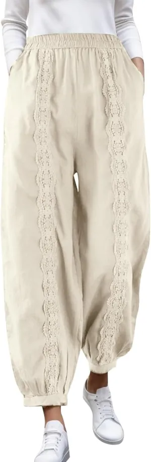 2023 Womens Lace Trim Pants Wide Straight Leg Casual Loose Pants Yoga Sweatpants Comfy High Waisted Lounge Pajama Trousers