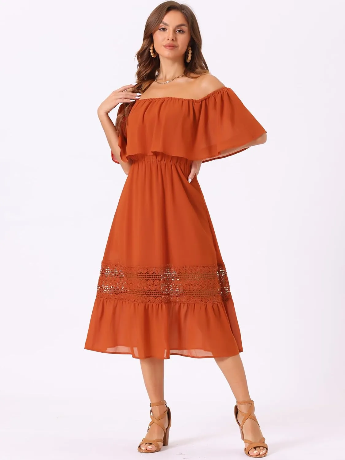 Allegra K Women's Off Shoulder Ruffle Sleeve Lace Insert Chiffon Casual Beach Vacation Midi Dress