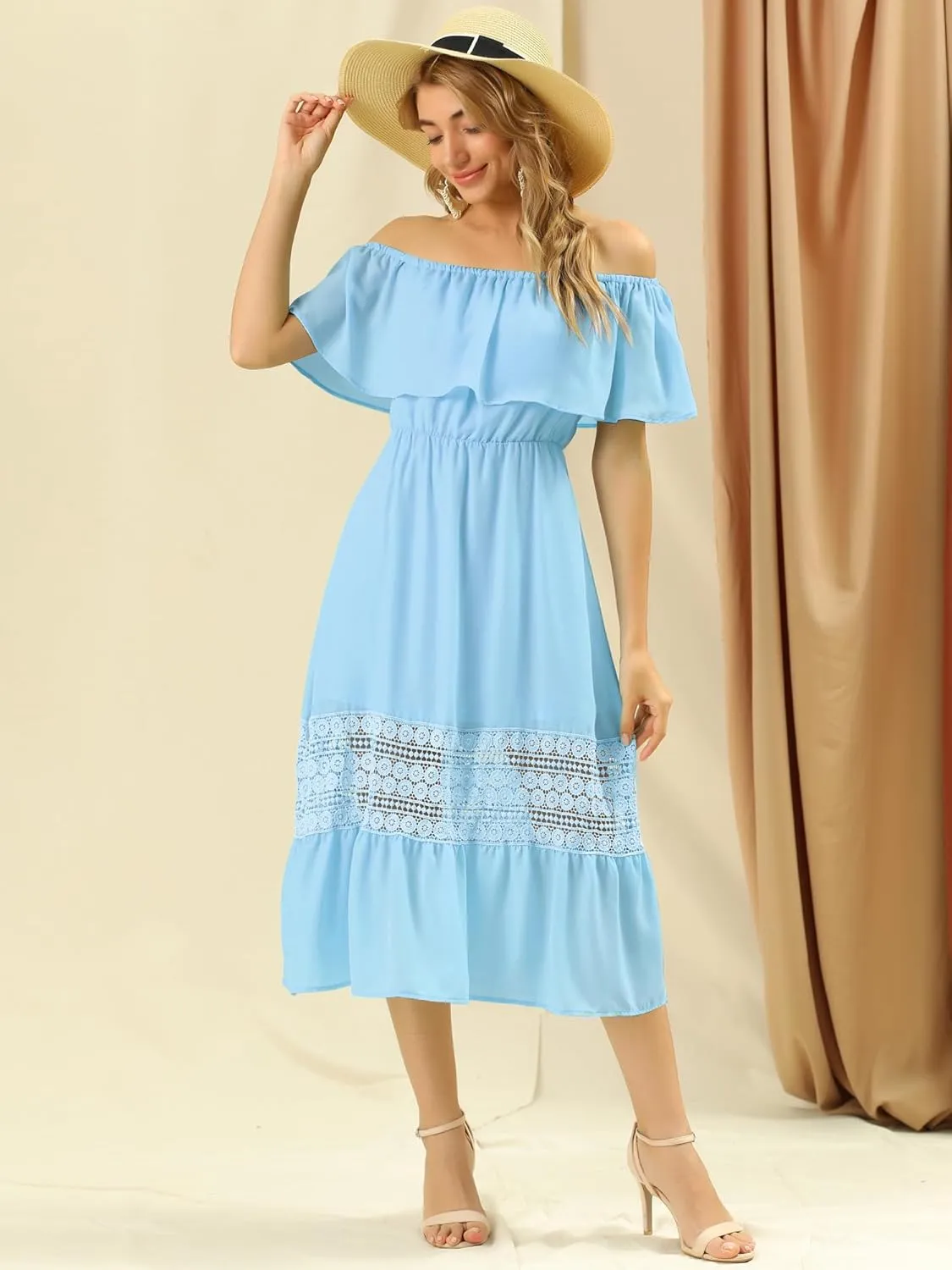 Allegra K Women's Off Shoulder Ruffle Sleeve Lace Insert Chiffon Casual Beach Vacation Midi Dress