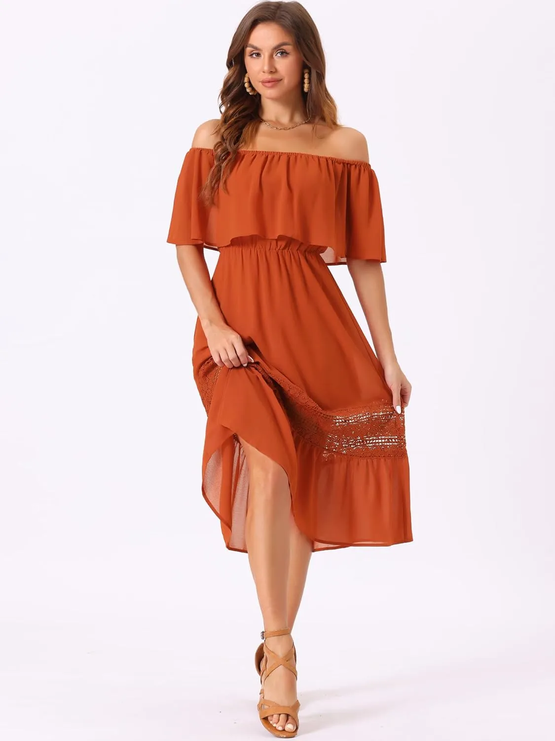 Allegra K Women's Off Shoulder Ruffle Sleeve Lace Insert Chiffon Casual Beach Vacation Midi Dress