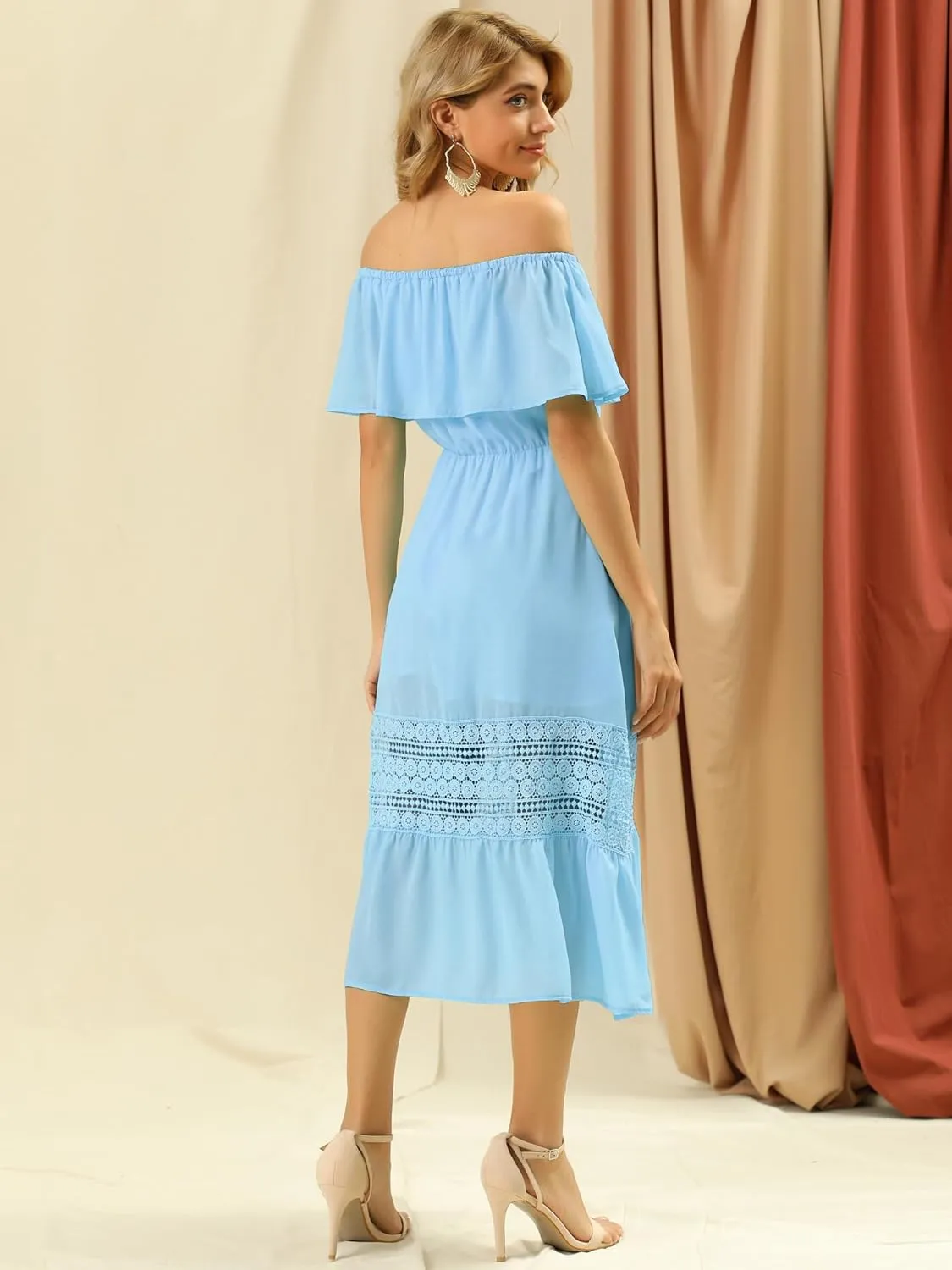 Allegra K Women's Off Shoulder Ruffle Sleeve Lace Insert Chiffon Casual Beach Vacation Midi Dress