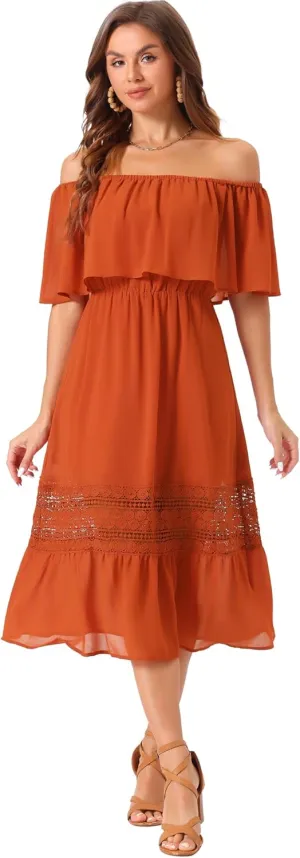 Allegra K Women's Off Shoulder Ruffle Sleeve Lace Insert Chiffon Casual Beach Vacation Midi Dress