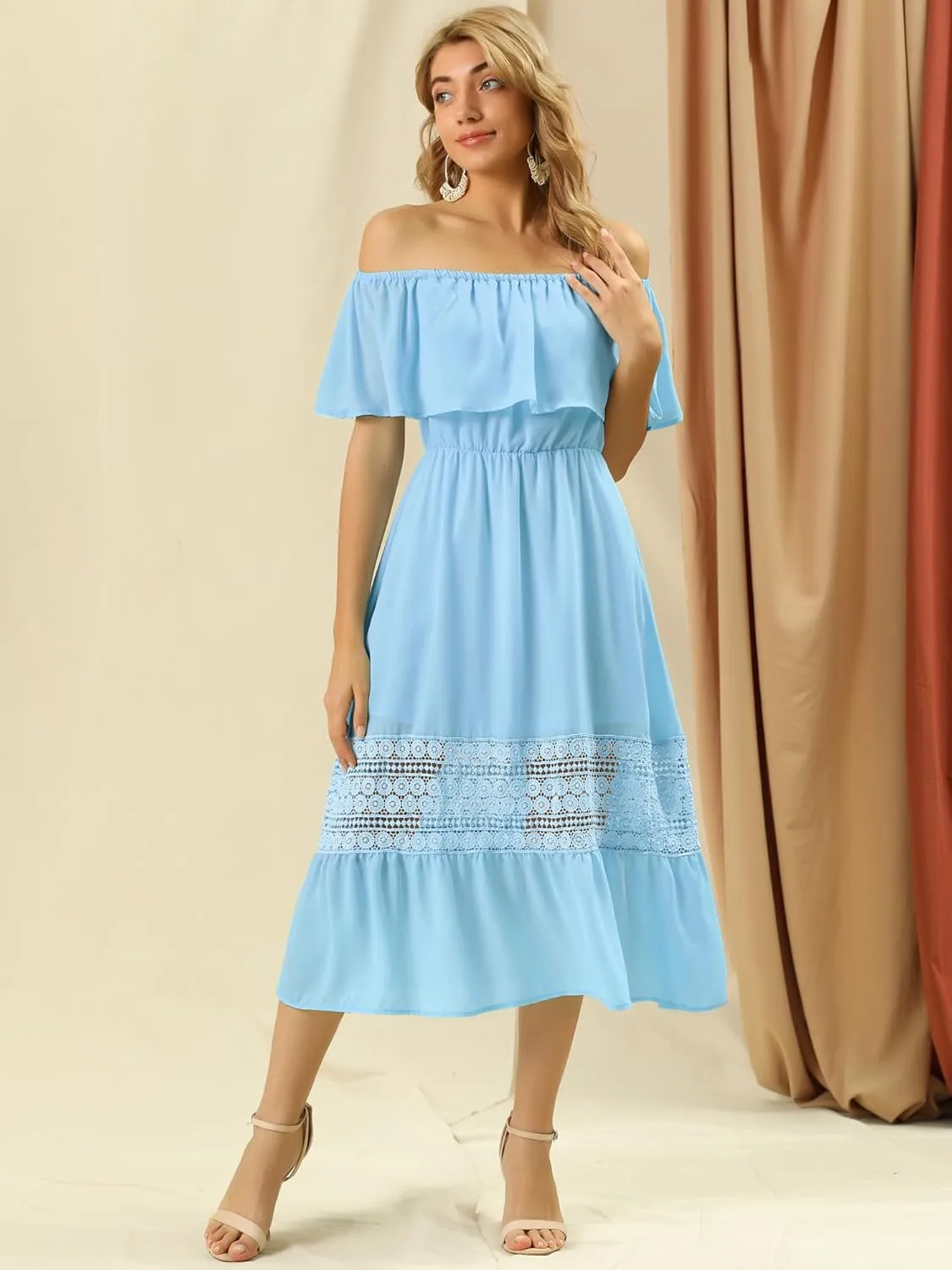 Allegra K Women's Off Shoulder Ruffle Sleeve Lace Insert Chiffon Casual Beach Vacation Midi Dress