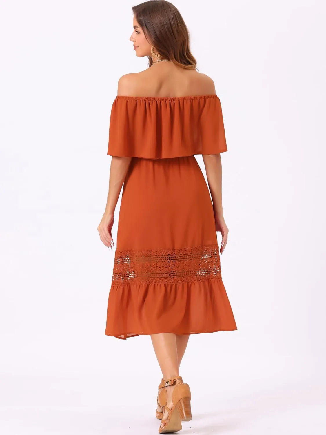 Allegra K Women's Off Shoulder Ruffle Sleeve Lace Insert Chiffon Casual Beach Vacation Midi Dress