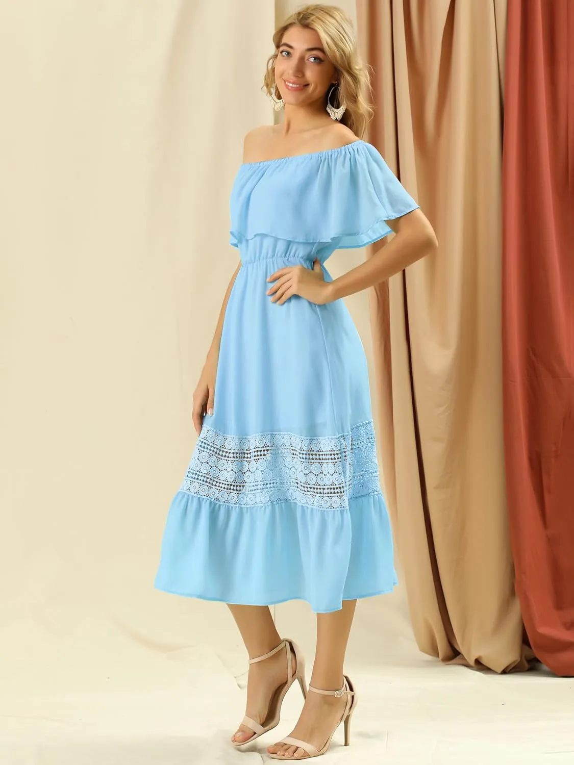 Allegra K Women's Off Shoulder Ruffle Sleeve Lace Insert Chiffon Casual Beach Vacation Midi Dress