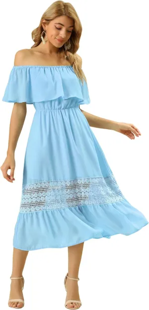 Allegra K Women's Off Shoulder Ruffle Sleeve Lace Insert Chiffon Casual Beach Vacation Midi Dress