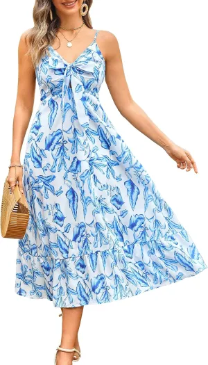 Angashion Women's Dresses Floral Adjustable Spaghetti Strap V Neck Boho Long Maxi Dress Summer Beach Flowy Ethnic Sundress