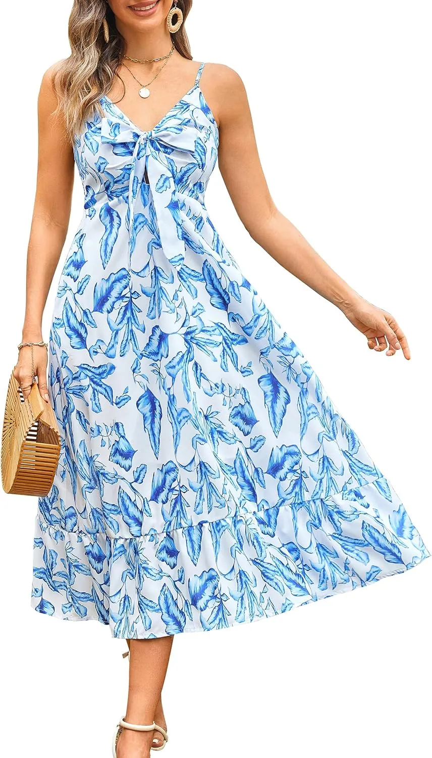 Angashion Women's Dresses Floral Adjustable Spaghetti Strap V Neck Boho Long Maxi Dress Summer Beach Flowy Ethnic Sundress