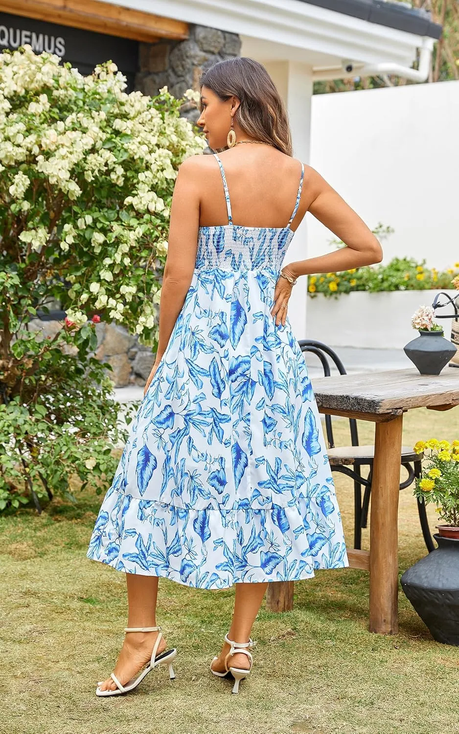Angashion Women's Dresses Floral Adjustable Spaghetti Strap V Neck Boho Long Maxi Dress Summer Beach Flowy Ethnic Sundress