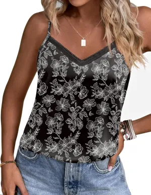Ekouaer Women's Lace Silk Satin Pajama Tank Tops V Neck Camisole Soft Spaghetti Strap Tops Loose Sleepwear S-3XL