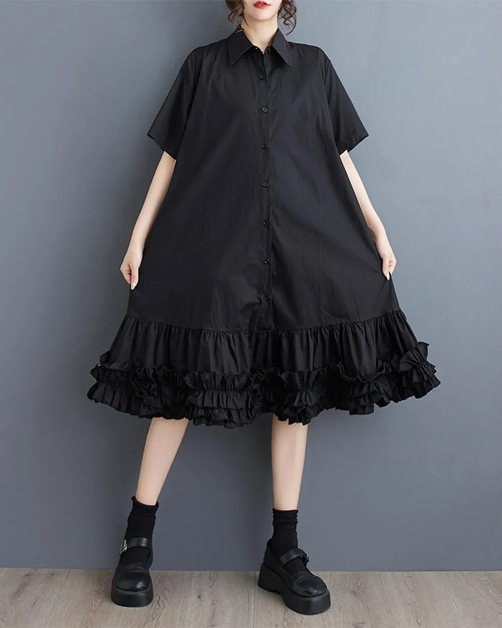 ellazhu Women's Shirt Dress Button Down Lapel Short Sleeve Ruffle Hem Oversize Loose Casual Solid GZ183 A
