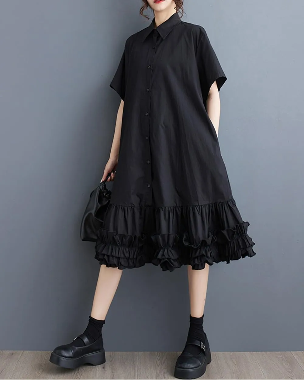 ellazhu Women's Shirt Dress Button Down Lapel Short Sleeve Ruffle Hem Oversize Loose Casual Solid GZ183 A