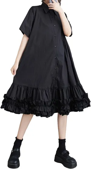 ellazhu Women's Shirt Dress Button Down Lapel Short Sleeve Ruffle Hem Oversize Loose Casual Solid GZ183 A