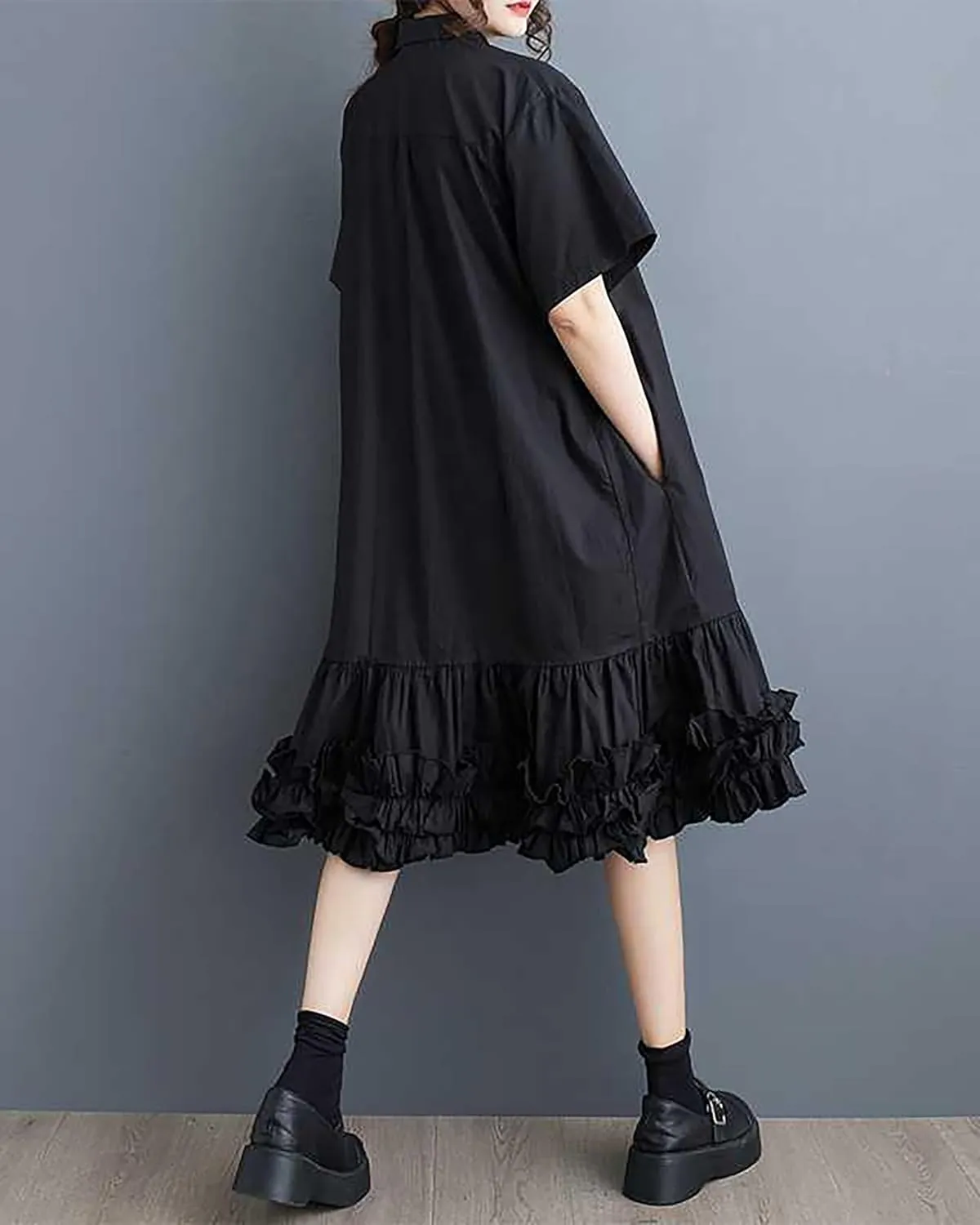 ellazhu Women's Shirt Dress Button Down Lapel Short Sleeve Ruffle Hem Oversize Loose Casual Solid GZ183 A