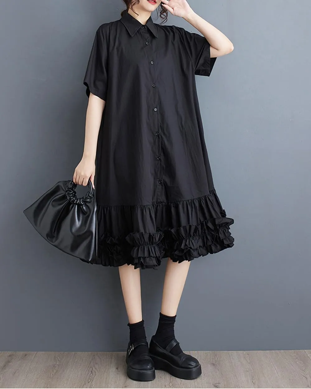 ellazhu Women's Shirt Dress Button Down Lapel Short Sleeve Ruffle Hem Oversize Loose Casual Solid GZ183 A