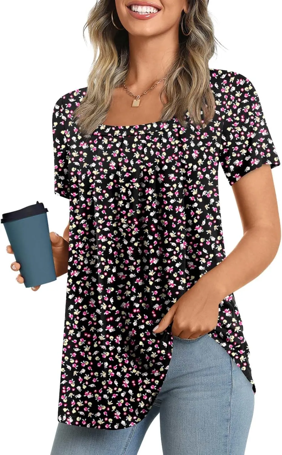 LONGYUAN Womens Tunic Tops 2025 Summer Casual Square Neck Shirts S-3XL