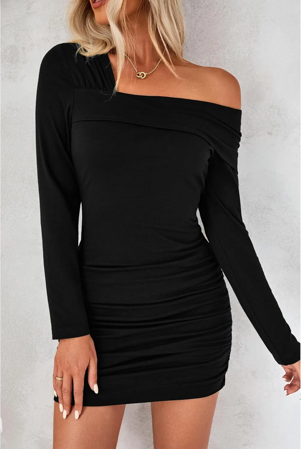 luvamia One Shoulder Dresses for Women Bodycon Long Sleeve Ruched Cocktail Party Date Night Short Dress Special Occasion
