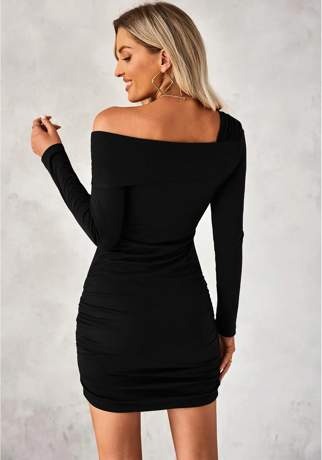 luvamia One Shoulder Dresses for Women Bodycon Long Sleeve Ruched Cocktail Party Date Night Short Dress Special Occasion