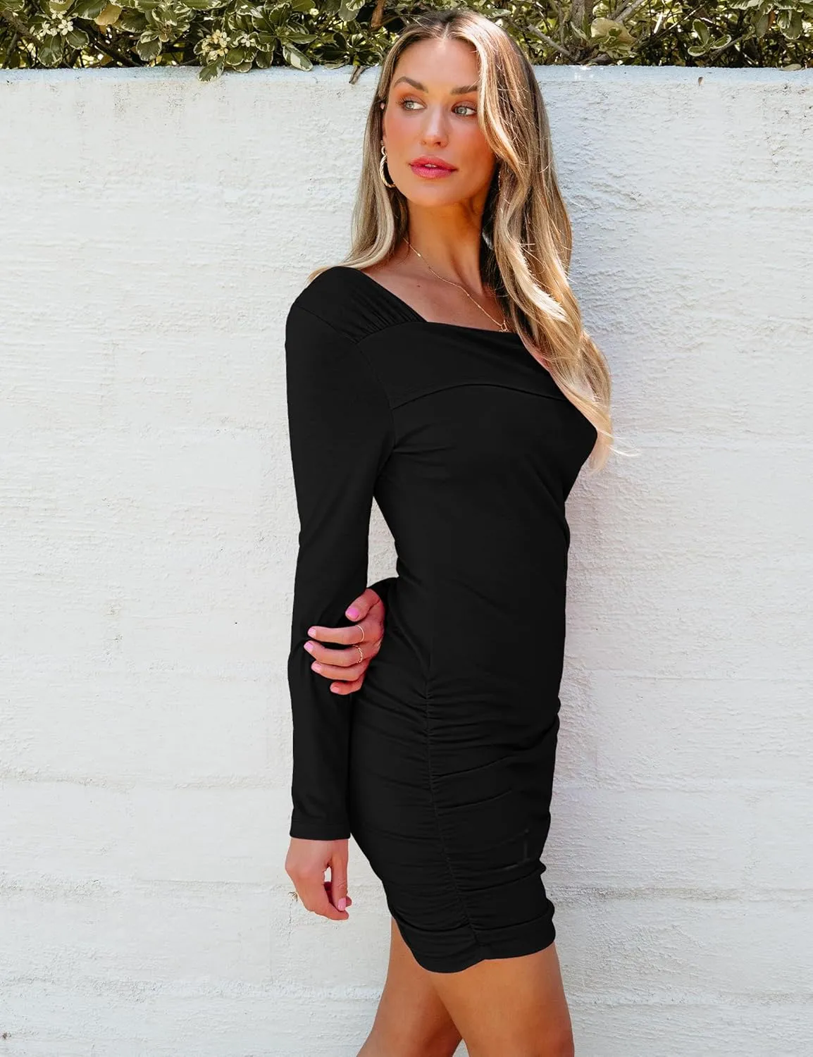 luvamia One Shoulder Dresses for Women Bodycon Long Sleeve Ruched Cocktail Party Date Night Short Dress Special Occasion