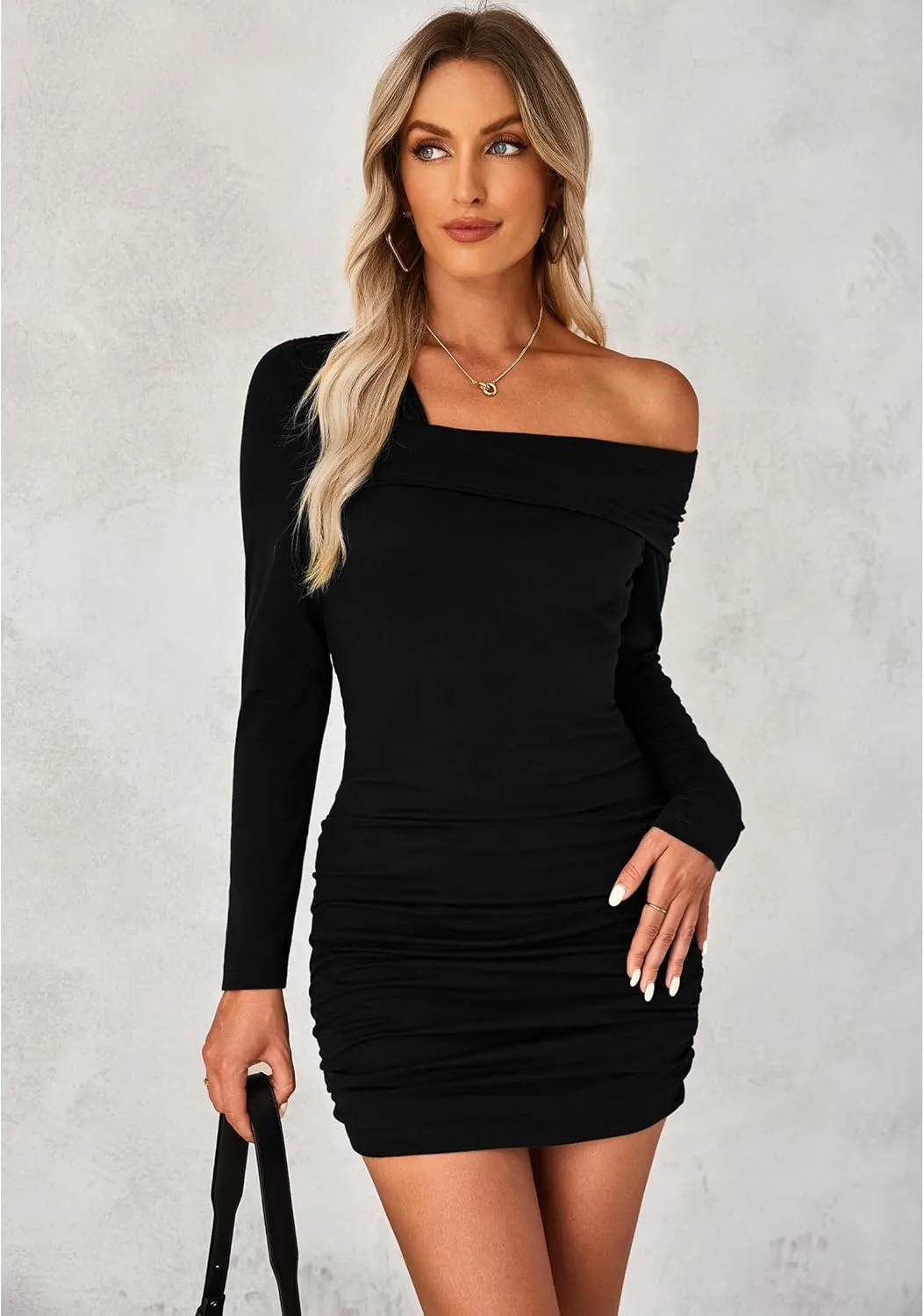 luvamia One Shoulder Dresses for Women Bodycon Long Sleeve Ruched Cocktail Party Date Night Short Dress Special Occasion