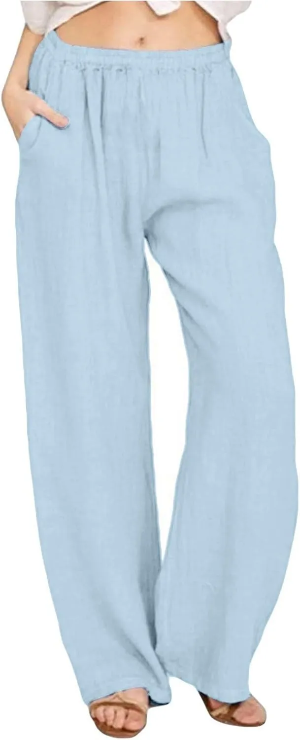 NBXNZWF Women's Cotton Linen Pants 2025 Summer Casual Straight Leg Trousers Wide Leg Loose Fit Long Pants with Pockets