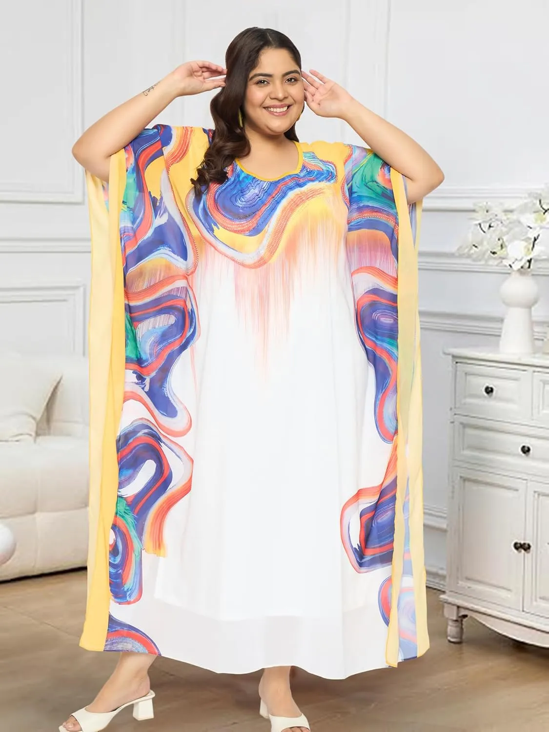 Plus Size Women Kaftan Round Neck Georgette Maxi Gown Cover Up Dress for Special Occasions