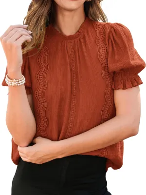 PRETTYGARDEN Womens Summer Tops 2025 Trendy Mock Neck Puff Sleeve Blouse Dressy Casual Business Western Shirts Spring Clothes