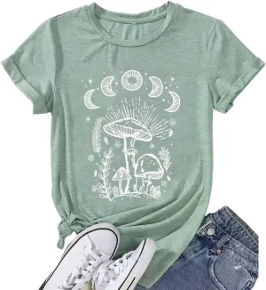 Vintage Boho Graphic Tees for Women Summer Round Neck Nature Cottagecore Tee Tops