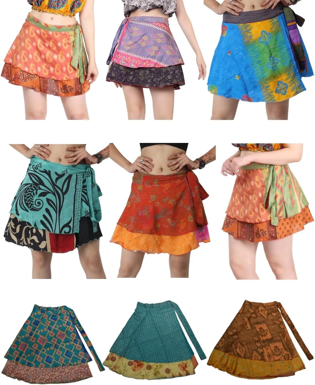 Wevez Pack of 3 Pcs Original Two Layer Printed Wrap Around Skirts (Micro Mini (16 inches Length))